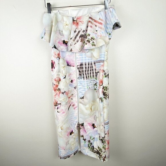 BARDOT | White Ivory Multi Floral Plaid Print Strapless Bodycon Midi Dress - Picture 2 of 10